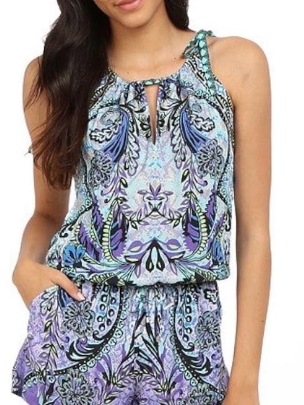 Hale Bob Lavender & Teal Paisley “Geri” Romper XS NWT